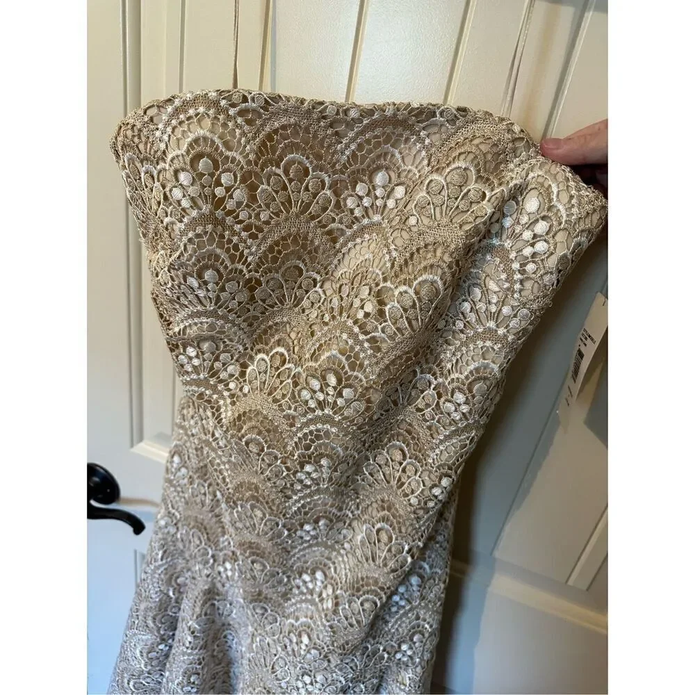 NWT Y2K Badgley Mishcka Strapless Lace Ivory Gold Midi Dress Women Size 6 SC1280